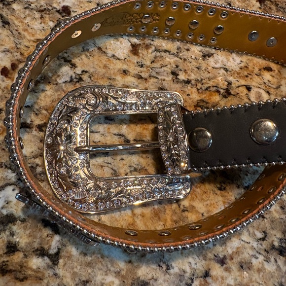 Nocona Leather Belt Rhinestones Mustang Horses Buckle Bling Black Silver 24 - Picture 3 of 8